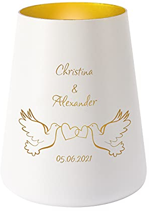 Herz & Heim® Windlicht mit Tauben zur Hochzeit, mit Wunschnamen und Datum