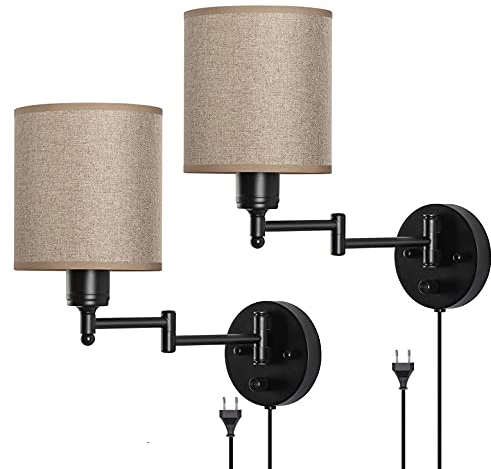 OOWOKS Retro Verstellbare Wandleuchte mit Schalter und Stoff Lampenschirm, Schwarz Metall Wandlampe Nchttischlampe mit Stecker und Kabel, Innen E27 Industrial Lampe für Wohnzimmer Schlafzimmer,2pack