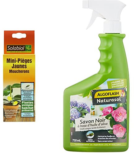 SOLABIOL SOPIFLOR Mini-Pièges Jaunes Moucherons Discret, 8 x 2 x 23 cm & ALGOFLASH NATURASOL Savon Noir prêt à l’emploi, pour jardin, plantes d’intérieur et entretien maison, Pulvérisateur 750 ml