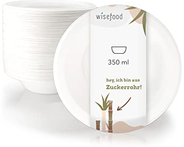 wisefood Zuckerrohr Schale - 100 Stück Bagasse Einweg Suppenschüssel rund weiß 350ml - Einmal Pappschale ideal für Pommes oder Salat - Biologisch abbaubares Zuckerrohr Geschirr ohne PLA/PE
