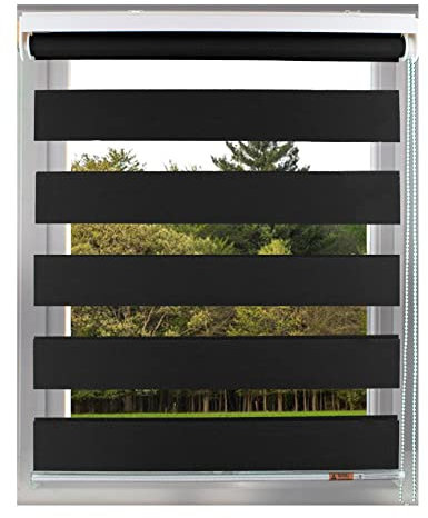 Aprica Day and Night Zebra Window or Door Roller Blinds with Child Safety Clips - Double Layer Fabric Elegant Durable and Easy to Clean (Black, Width 90cm - Drop 160cm)