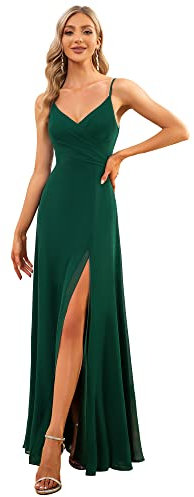 Ever-Pretty Robe Demoiselle d'honneur Femme Fendue Col V Mousseline à Bretelles A Line Chic Soirée Vert Foncé 42