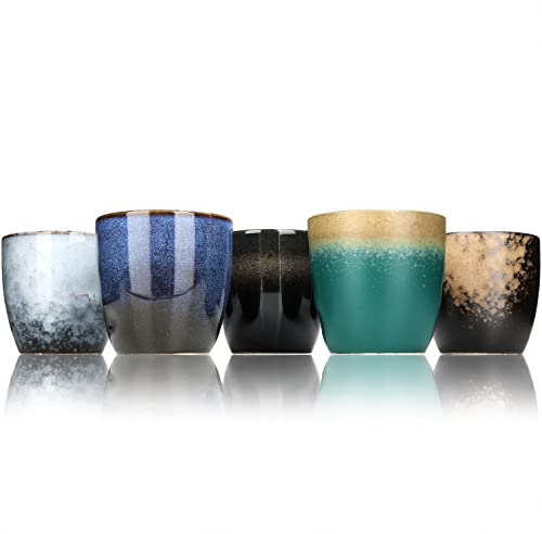 Kaffee Becher Set Keramik, 5 Design Kaffee-Tassen ohne Henkel 125ml, inkl. edler Geschenk-Box, coffee mug, tea cup, Tasse mit modernem Muster, bunte Unikate