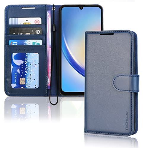 TECHGEAR Galaxy A34 5G Leather Wallet Case, Flip Protective Case Cover with Wallet Card Holder, Stand and Wrist Strap - Blue PU Leather with Magnetic Closure Designed For Samsung A34 5G