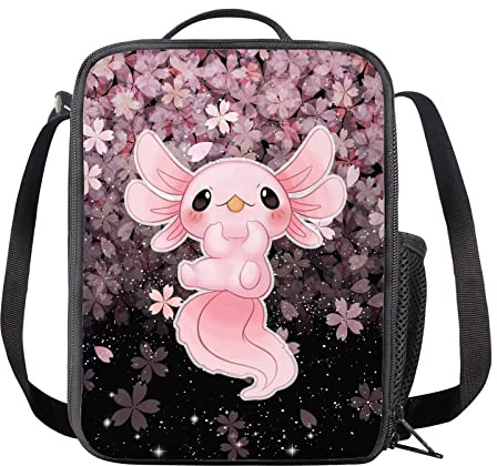 HELLHERO Niedliche Axolotl Lunchtasche Kirschblüte Lunchbox Lunchtasche Picknick Organizer Schultertasche Handtasche für Erwachsene Kinder Mädchen Schule Kindertagesstätte Büro Strand Reise Camping