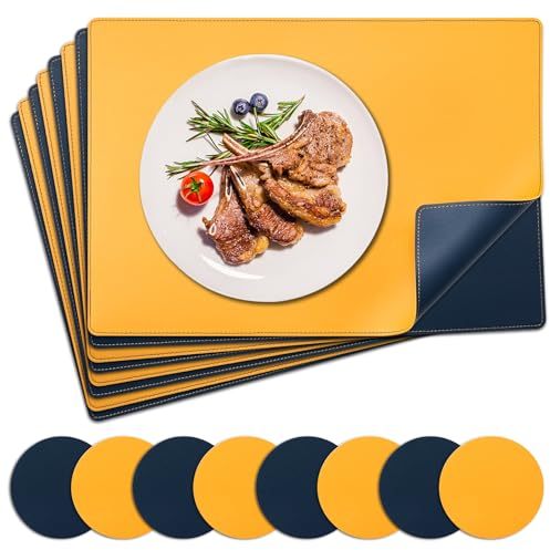 NOSTHEART Tischsets Abwaschbar 8er Set, Platzsets Abwischbar Tischsets Leder Hitzebeständig rutschfest Platzdeckchen mit Untersetzer Rund, Doppelseitigen Mit Randnähten, Blau Gelb