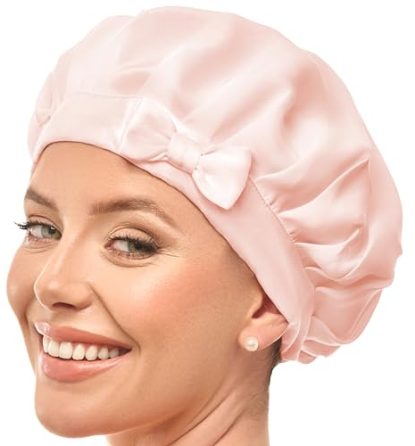 Cuffia da notte in 100% seta di gelso, traspirante e regolabile, per dormire e fare la doccia, da donna, per capelli ricci (rosa)