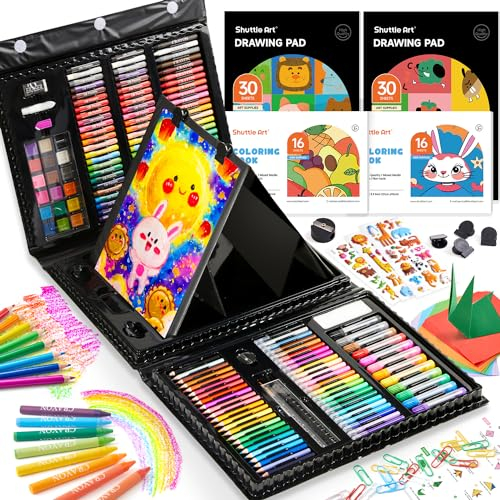 Shuttle Art 335 Piezas Maletin Pinturas para Niños, Juegos de Dibujo, Kit de Arte de Regalo con Caballete Tríptico, Blocs, Libros para Colorear, Pastel, Ceras, Acuarelas, Lápices de Colores (Negro)