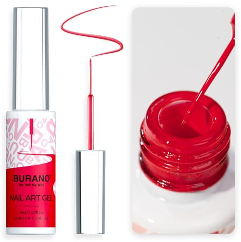 BURANO Gel Polish Liner Art, Black White Purple Red Pink Painted Design Polish, Build-in Thin Brush, Curing Required 8ml (LX4)