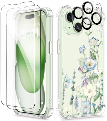 GVIEWIN Kompatibel mit iPhone 15 Hülle 6,1 2023, mit Displayschutzfolie + Kameraschutz, [Militärischer Schutz] Anti-Gelb Blume Klar TPU Dünn Stoßfest Kratzfest Handyhülle, Aquilegia/Weiß