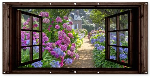 MuchoWow© Gartenposter Groß 200x100 cm XXL Outdoor Bilder Gartendeko für draußen Wetterfest Garten Terrassen Sichtschutz Deko Banner Draußen Bild Hortensie - Fensterblick - Blumen - Natur