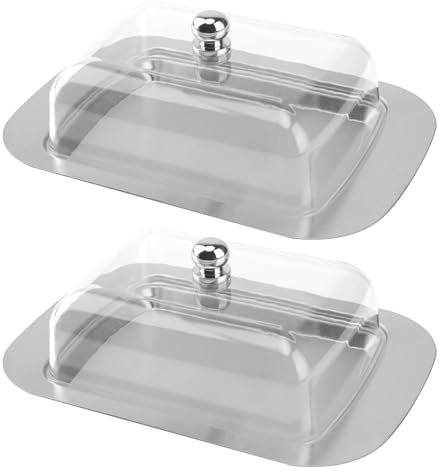 CHUENHEI 2 Stück Butterdose mit Deckel, 18.5 x 12.2 x6.7 cm Silber Edelstahl Käsebrotbox mit transparent Deckel, Butterglocke Edelstahl für Butter, Käse, Kleine Früchte