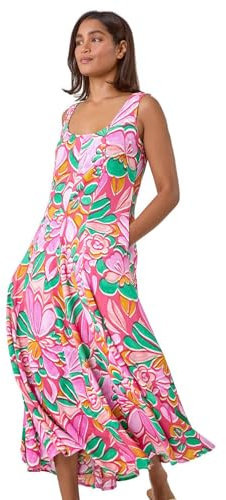 Roman Panel Dress for Women UK Ladies Skater Summer Spring Stretchy Fit & Flare Jersey Midi Work Casual Strappy Sleeveless Sweetheart Knee Length A Line Swing - Pink & Green - Size 12