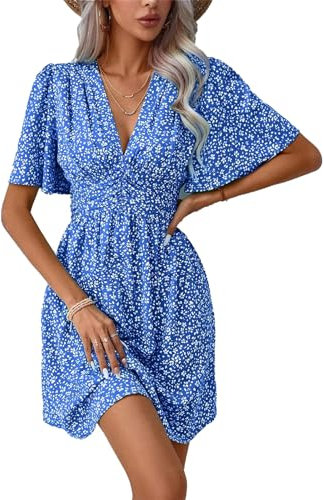 LIAMERHE Robe Femme Manches Courtes Col V Elegant Robes Ete Robe de Plage D'été 2024 A-Line Casual Robe à Fleurs Azul Cielo XXL