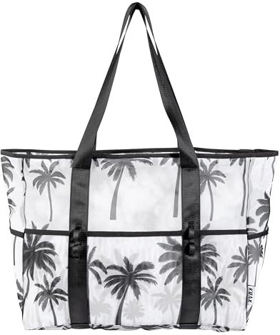 KUAK Mesh Beach Bag Extra Large Lightweight Foldable Printed Mesh Tote Bags with 9 Pockets, Zip Closure, Inner Waterproof Pocket for Swim Pool Shopping Picnic Family Vacation Travel