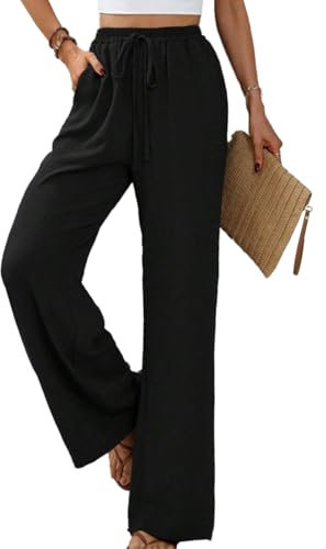 Yeenily Damen Hosen Weites Bein Sommer Leichte Palazzo Hose Herbst Freizeit Locker Stoffhose Elegant Einfarbig Lang Sommerhose mit Taschen (Schwarz, XL)