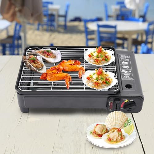 Barbecue de camping portable pour terrasse, camping, barbecue, cuisinière à gaz, bidon de butane ou réservoir GPL, deux raccords à gaz, 41,5 x 28 x 11 cm