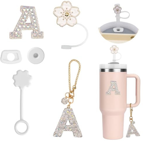 6PCS Accesorios Personalizados para Stanley Cup,Fundas de Pajitas,Decoración de Iniciales, Pegatinas de Letras,Encantos de Letras para Vaso Stanley y Ttapón Antiderrame para Stanley Cup (A)