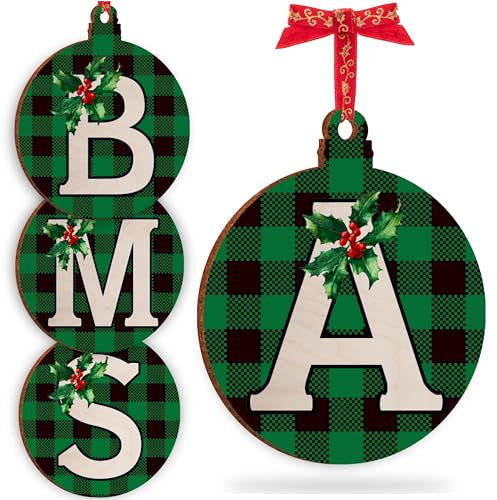 Christmas Initial Ornament for Christmas Tree Decorations - 12x10cm - Xmas Wooden Hanging Baubles - Xma Family Tree Gifts C2 (Initial #A)