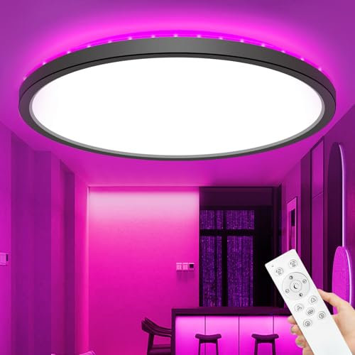 zemty LED Deckenleuchte Dimmbar 49CM, 42W 3360LM RGB Deckenlampe mit Fernbedienung, 3000K-6500K Wasserfest Badezimmer Lampe Decke für Bad Kinderzimmer Schlafzimmer Wohnzimmer Schwarz