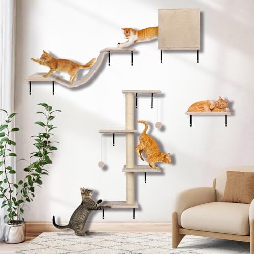 Myiosus Arbre à Chat Mural, 4 en 1 Ensemble de Meubles Muraux avec Griffoir, Étagères Murales pour Chat, Parcours Mural Chats en Bois pour Grands et Petits D'intérieur Jusqu'à 10 kg