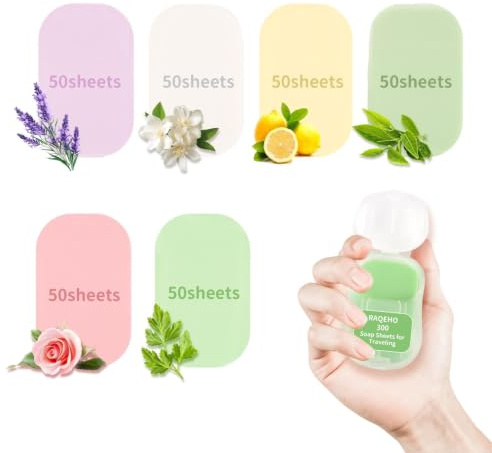 RAQEHO 300 Paper Soap Sheets for Travel - 6packs Travel Size Foaming Hand Soap Sheets Refills with 1 Portable Box for Hand Washing Disposable Scented Mini Flakes Traveling Camping Hiking Essentials