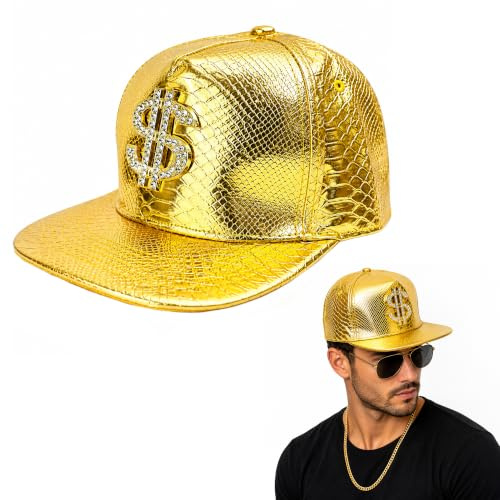 Lizzy 1 x Adult Gold Cap with Dollar Sign | Dollar Sign Hat, Hip Hop Rapper Hat for 80s 90s Rapper Accessories Disco Dress Up Party Baseball Cap for Rapper with Dollar Sign for Masquerade