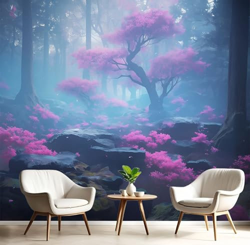 Papier Peint Panoramique Illustration De PaysageFleurs De Cerisier Japonais, Papier Peint Soie Tapisserie Poster Mural pour Salon Chambre Décoration Murale