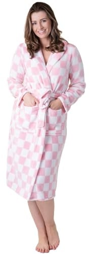 Camille Women's Supersoft Fleece Hooded Dressing Gown - Pink Check 14-16