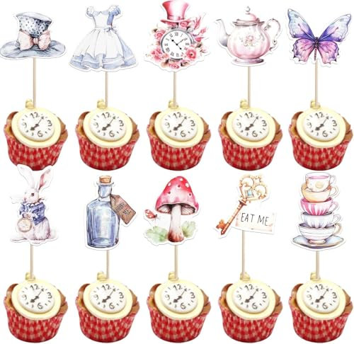 40 Stück Alice im Wunderland Tortendeko Tee Party Cupcake Toppers Schmetterling Blume Schale Schlüssel Uhr Eat Me Kuchen Deko für Baby Dusche Kinder Geburtstag Party Kuchen Dekorationen