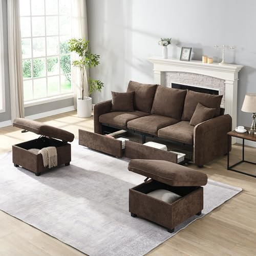 A ALFRESCOOL Multifunktionale Ecksofa U-Form-Dreisitzer Polster-Sofa mit Staufunktion – Inklusive Schubladen + Hocker mit Staufach, modular zerlegbares Sofa-Set mit Schlaffunktion,Cord-Stoff（Braun）