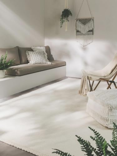 benuta Pure Teppich aus recyceltem Material Kiah - Creme 80x150 cm - Kunstfaser,Recyceltes Material - Rechteckig & im Style: Abstrakt, Uni, Minimalistisch, Scandi Living - Pflegeleicht
