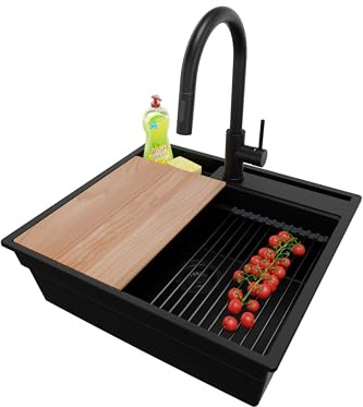 PRIMAGRAN Granitspüle ab 60er Unterschrank + Küchenarmatur, 58x53cm | Set: Küchenarmatur BW9010 + Ablauf-Set (Siphon, Ablaufgarnitur, Überlauf) + Spülbecken 1 Becken - Oslo Pocket, Alles Schwarz