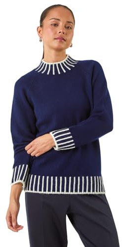 Roman Petite Contrast Detail Knit Jumper for Women UK - Ladies Everyday Autumn Winter High Neckline Comfy Soft Evening Vacation Work Party Night Out - Petite Navy - Size 18
