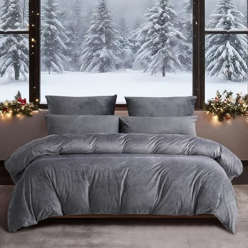 YASMENG Winter Bettwäsche 200x220 Grau Anthrazit Uni Warm Kuschelig Flauschige Bettwäsche Winter Weich Samt Plüsch Fleece Flanell Bettbezug Set 3 Teilig mit Reißverschluss und 2 Kissenbezüge 80x80 cm