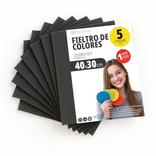 OFITURIA Feltro Colorato per Artigianato, Fai-da-te, Progetti Scolastici, Scrapbooking, Cucito Creativo e Decorazioni 40x30cm (Nero, 5 pz)