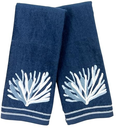 Coastal Bathroom Hand Towels – Set of 2 Navy Blue 100% Cotton Embroidered Coral Reef Design – 25 x 16” Decorative Bath & Kitchen Towels