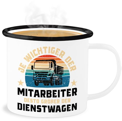 Emaille Becher Blechbecher - Trucker Tassen - Je wichtiger der Mitarbeiter, desto größer der Dienstwagen - LKW Fahrer Geschenk - 300 ml - Weiß Schwarz - truck für geschenke