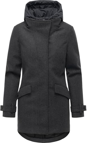 Ragwear Damen lange Winterjacke in Wollmantel Optik Trenchcoat mit Kapuze gefütterter Parka Petuja Felt YOUMODO XS-3XL