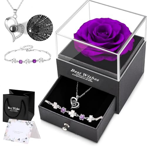 YILNYNFU Ewige Rose für Frauen, Geschenkbox mit Kette Armband Lila Infinity Rosen Geburtstagsgeschenk Mutter Ehefrau Freundin Oma
