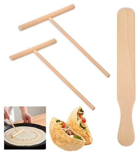 3 Pièces Spatule Crepe en Bois, Ensemble Retourneur de Crêpes | Crêpes en Bois Spatule en Crepiere Râteau, Forme en T Spatules A Crepe Rake Crep pour Pancakes, Omelettes, Pizzas, Gâteaux