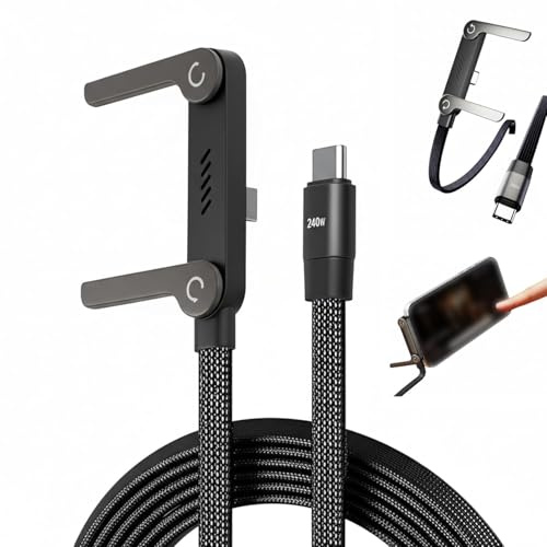 2-in-1 Invisible Holder Charger Cable with Stand, Nylon Braided USB C to USB C Cable 1.5M, 240W Fast Charging Cord Phone Stand, Sideways Phone Charger