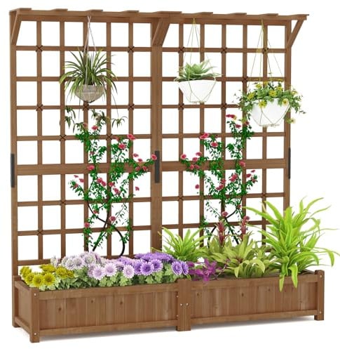 GOPLUS Pflanzkasten mit Rankgitter, Blumenkasten mit Spalier, Dachregal & Ablauflöchern, Hochbeet Holz mit Sichtschutz, Rankhilfe für Kletterpflanzen, Gartenbeet Pflanzkübel für Garten & Hof, Braun