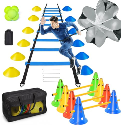 HOTGOSP Fussball Trainingszubehör, Koordinationsleiter 6m mit 12 Hütchen, 4 Steckhürdenset mit 8 Kegel + 4 Stangen, Reaktionsball, Widerstandsschirm, Slalomstangen für Fussball Trainingsset Hundesport