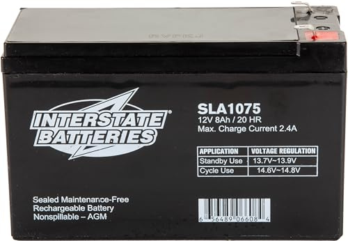 Interstate Batteries SLA1075 Plomb-Acide 8mAh 12V Batterie Rechargeable - Batteries Rechargeables (8 mAh, Sealed Lead Acid (VRLA), 12 V, Noir, 1 pièce(s))