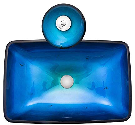 HomeLava Lavabo de Cristal Templado con Grifo Cascada,Drenaje de Agua y Anillo de Montaje Azul Oscuro