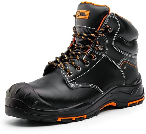 BLACK HAMMER Herren Leder Sicherheitsstiefel S3 SRC HRO Stahl Zehenkappe Arbeitsschuhe Knöchelhoch Leder 9972 Schwarz (47 EU)