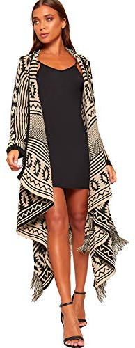 WearAll Women's Aztec Knitted Tassle Long Waterfall Open Cardigan Ladies Maxi Shawl - Mocha - 12-14