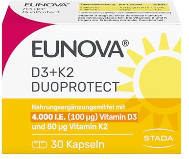 EUNOVA D3+K2 DuoProtect 4000 I.E., hochdosiertes Vitamin D3 & K2, 30 Stück | Stärkt Knochen & Immunsystem, MenaQ7 K2, Vegetarisch, glutenfrei & laktosefrei, 1 Kapsel täglich, Nahrungsergänzungsmittel