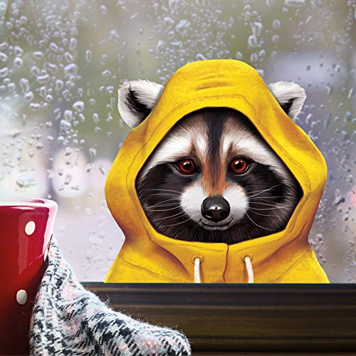 Fensterbild Tiere im Regenmantel mit Kapuze Herbst herbstlicher Fensteraufkleber Fensterdeko Regen, ca. A4 Format, Waschbär
